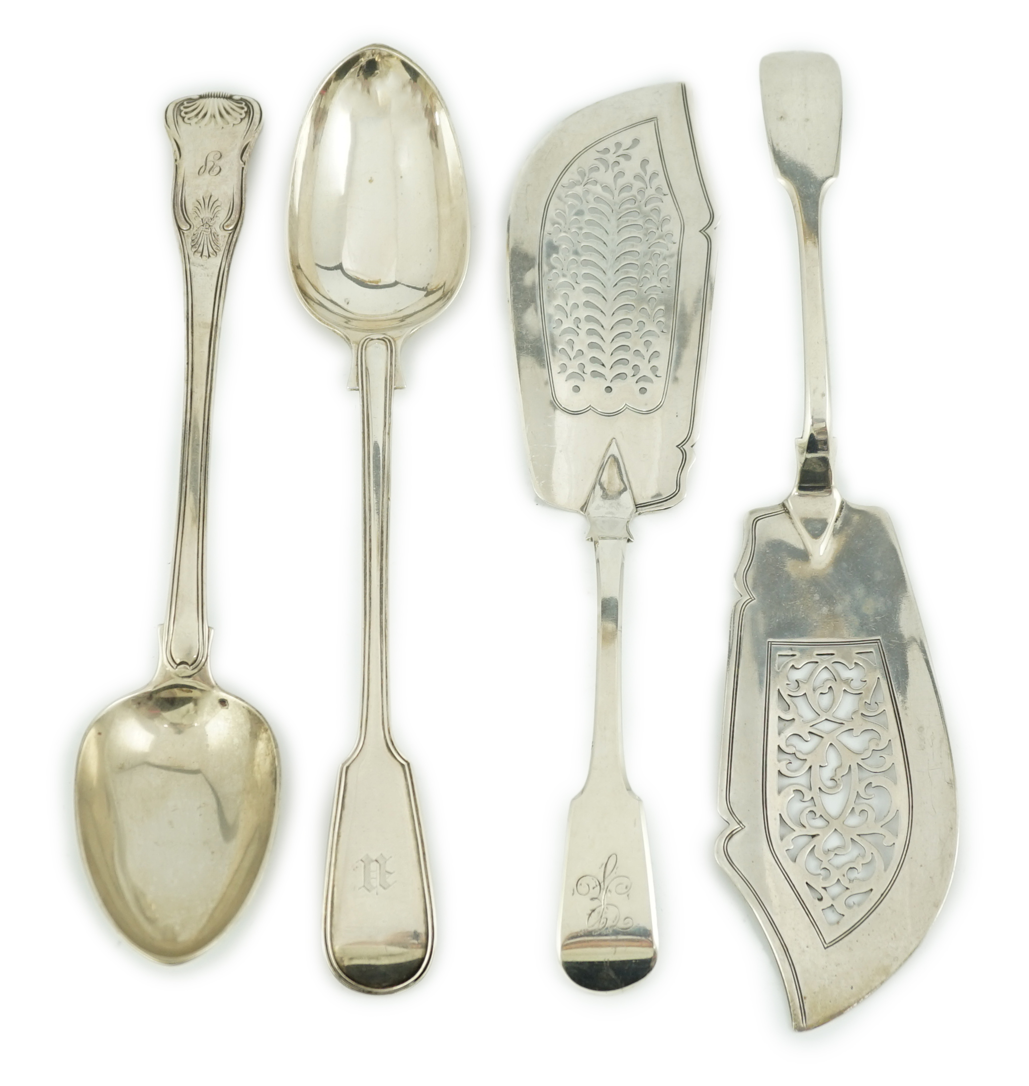 Two early 19th century silver fish slices, Charles Boyton, London, 1831 and Joseph & Albert Savory, London, 1846, largest 31.2cm, together with two 19th century silver basting spoons, William Chawner, London, 1816 and Ge